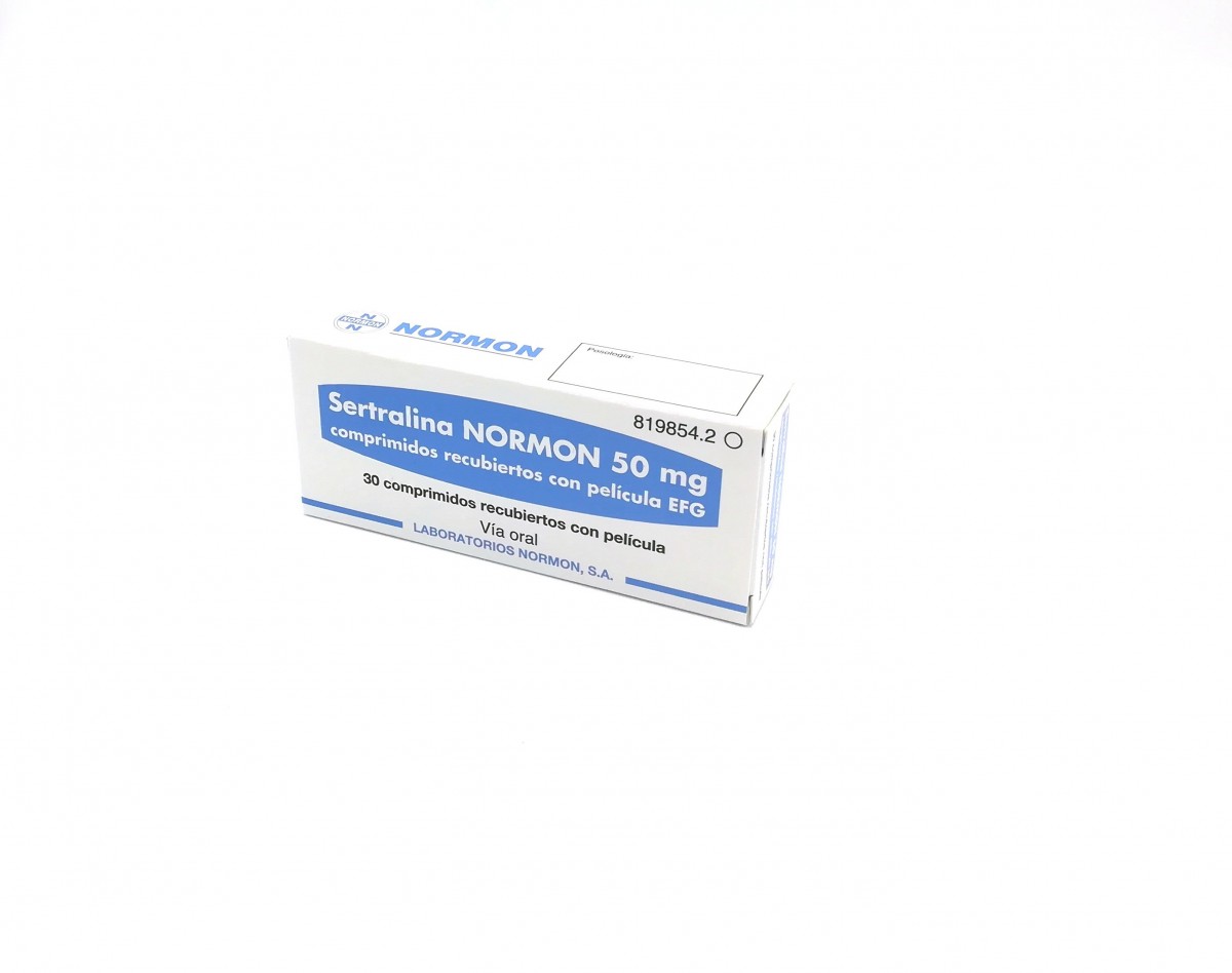 SERTRALINA NORMON 50 mg COMPRIMIDOS RECUBIERTOS CON PELICULA EFG, 30 comprimidos fotografía del envase.
