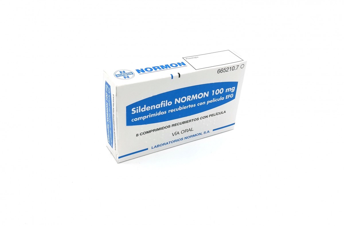 SILDENAFILO NORMON 100 mg COMPRIMIDOS RECUBIERTOS CON PELICULA EFG, 8 comprimidos fotografía del envase.