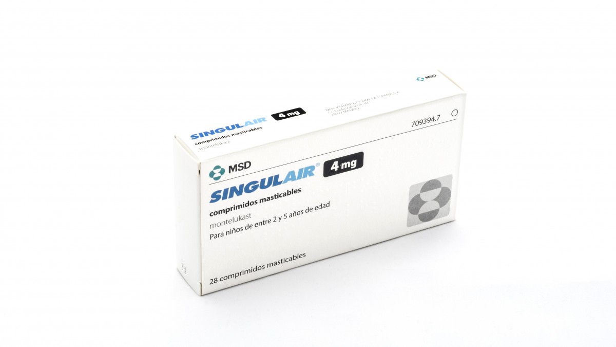 SINGULAIR 4 mg COMPRIMIDOS MASTICABLES , 28 comprimidos fotografía del envase.