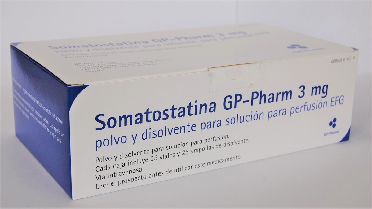 SOMATOSTATINA GP PHARM 3 mg POLVO Y DISOLVENTE PARA SOLUCION PARA PERFUSION EFG , 25 viales + 25 ampollas de disolvente fotografía del envase.