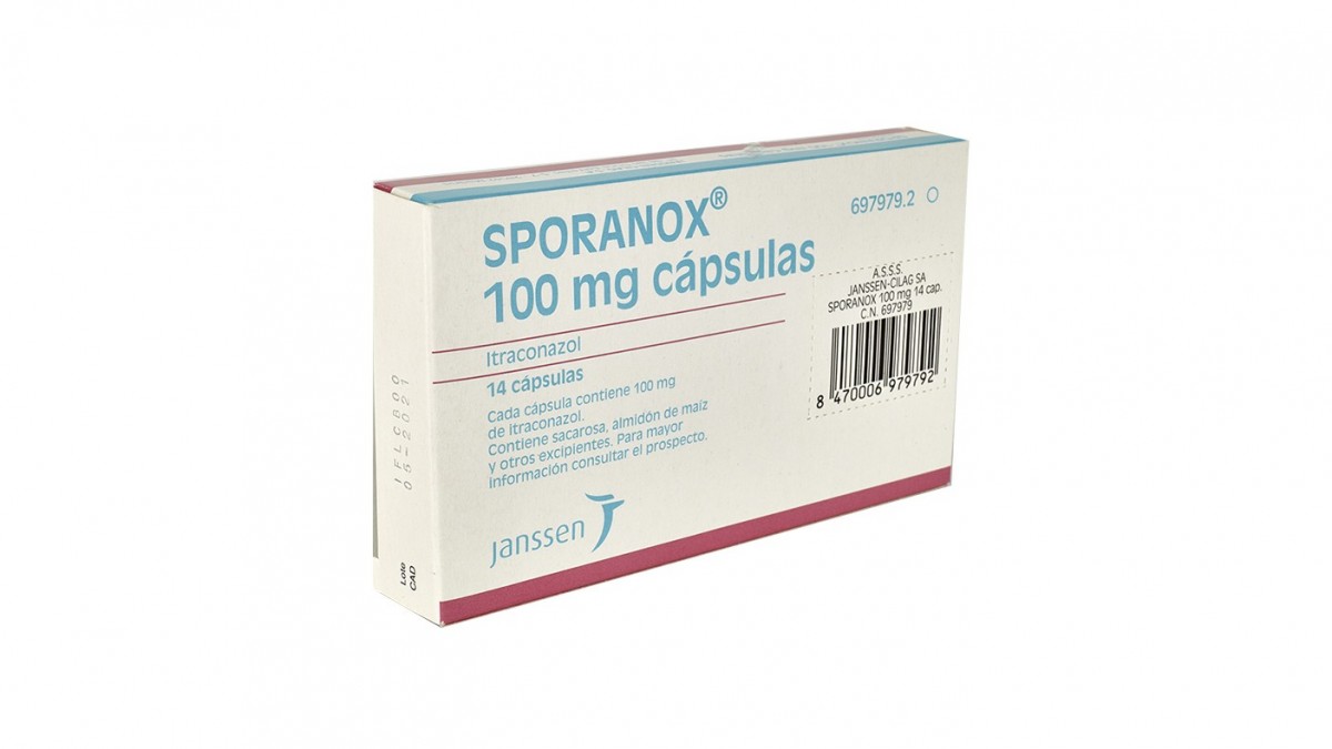 SPORANOX 100 mg CAPSULAS, 18 cápsulas fotografía del envase.