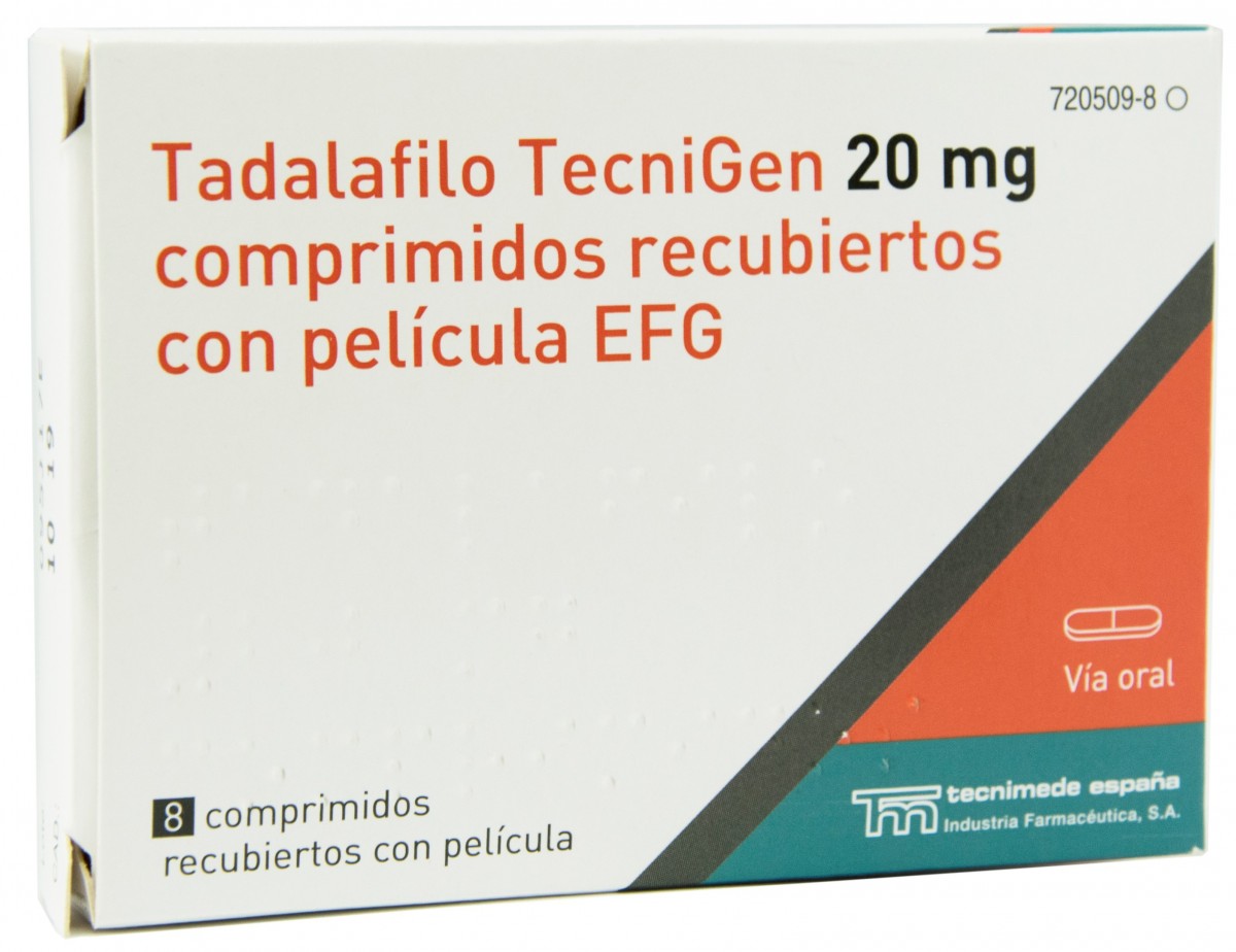 TADALAFILO TECNIGEN 20 MG  COMPRIMIDOS RECUBIERTOS CON PELICULA EFG , 4 comprimidos fotografía del envase.