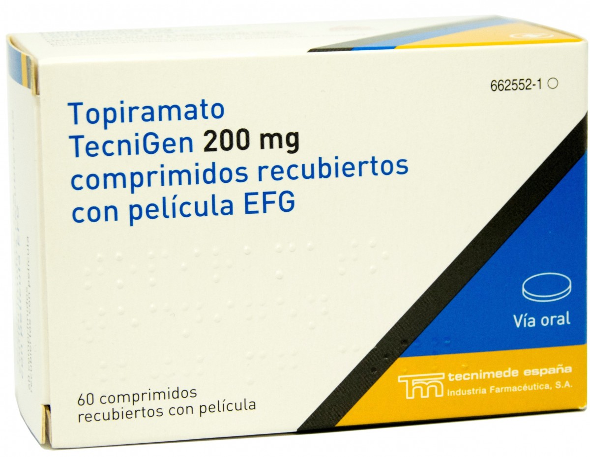 TOPIRAMATO TECNIGEN 200 mg COMPRIMIDOS RECUBIERTOS CON PELICULA EFG, 60 comprimidos fotografía del envase.