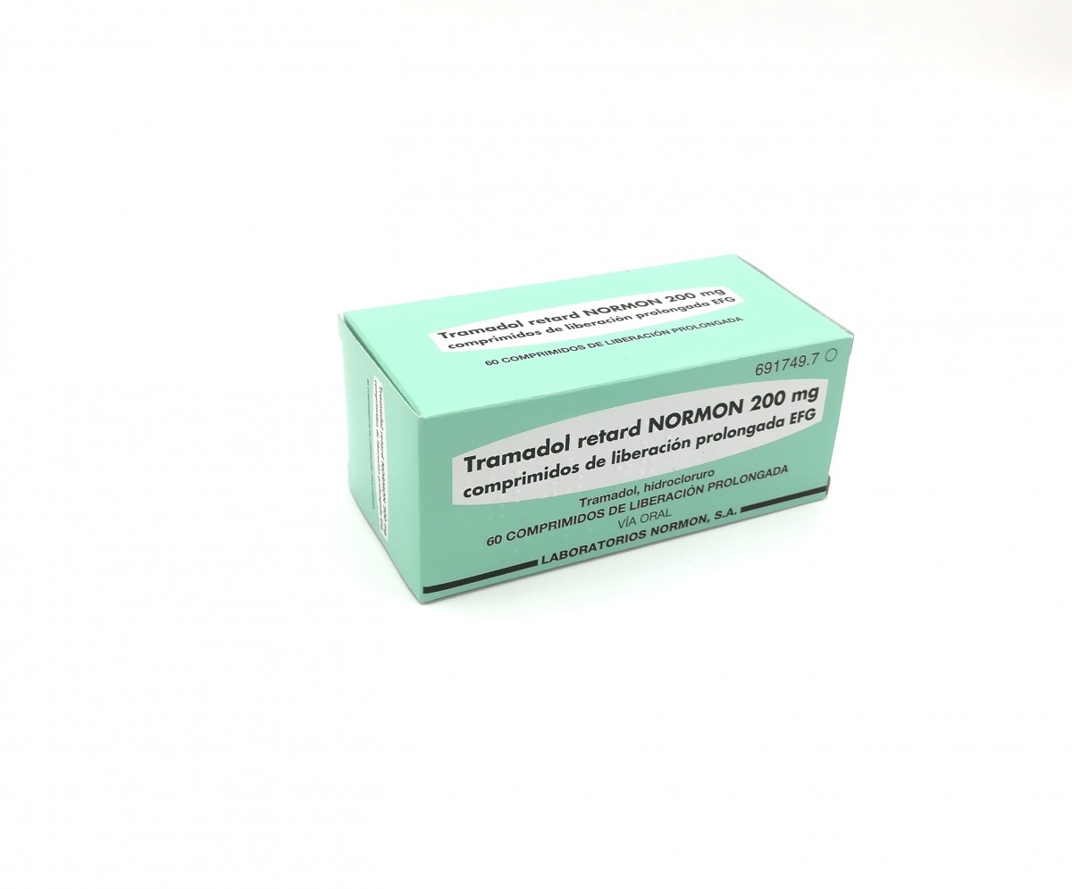 TRAMADOL RETARD NORMON 200 mg COMPRIMIDOS DE LIBERACION PROLONGADA EFG, 60 comprimidos fotografía del envase.