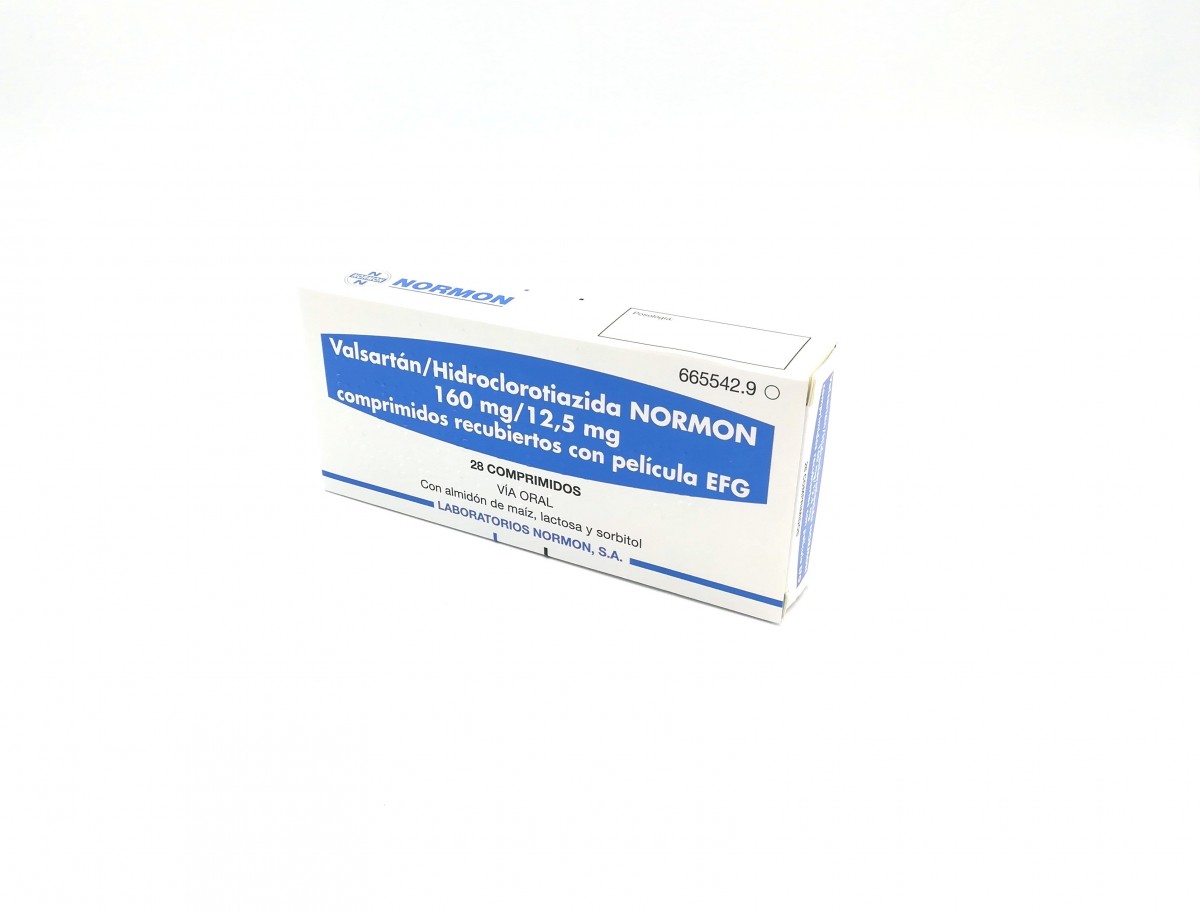 VALSARTAN/HIDROCLOROTIAZIDA NORMON 160 mg/12,5 mg COMPRIMIDOS RECUBIERTOS CON PELICULA EFG, 28 comprimidos fotografía del envase.