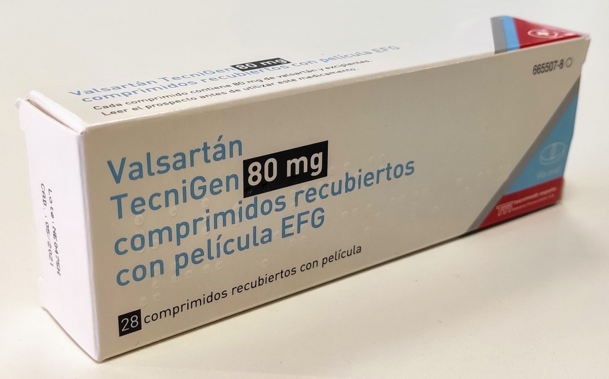 VALSARTAN TECNIGEN 80 mg COMPRIMIDOS RECUBIERTOS CON PELICULA EFG , 28 comprimidos fotografía del envase.