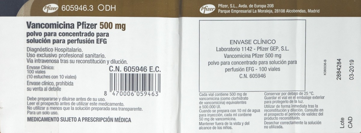 VANCOMICINA PFIZER 500 mg POLVO PARA CONCENTRADO PARA SOLUCION PARA PERFUSION EFG , 1 vial fotografía del envase.