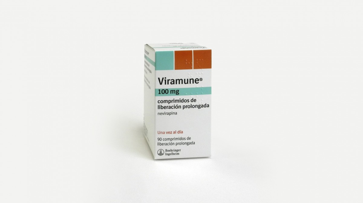 VIRAMUNE 100 mg COMPRIMIDOS DE LIBERACION PROLONGADA, 90 comprimidos fotografía del envase.