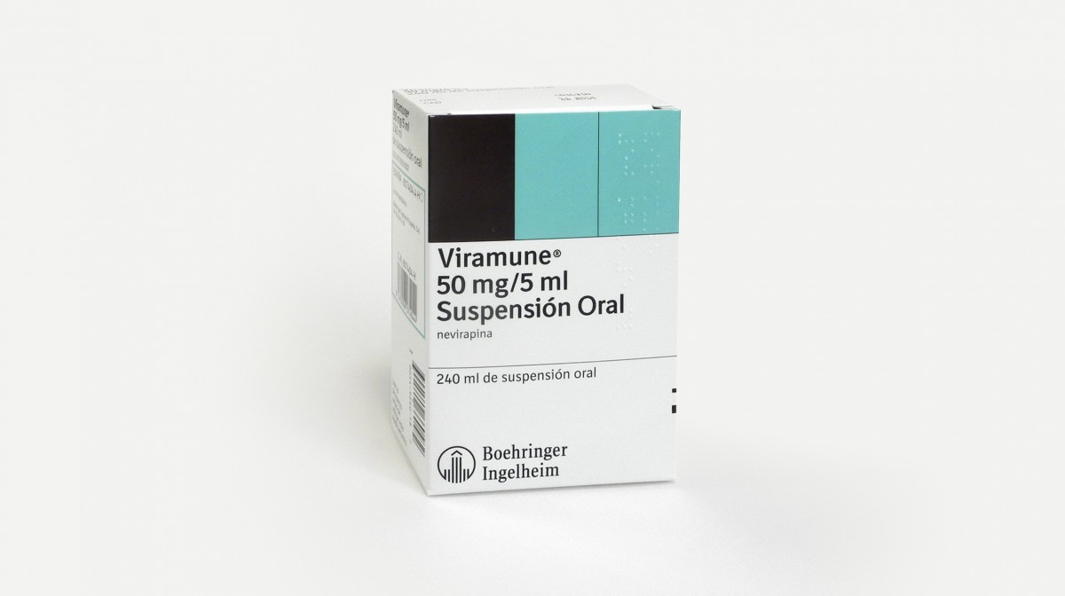 VIRAMUNE 50 mg/5 ml SUSPENSION ORAL, 1 frasco de 240 ml fotografía del envase.