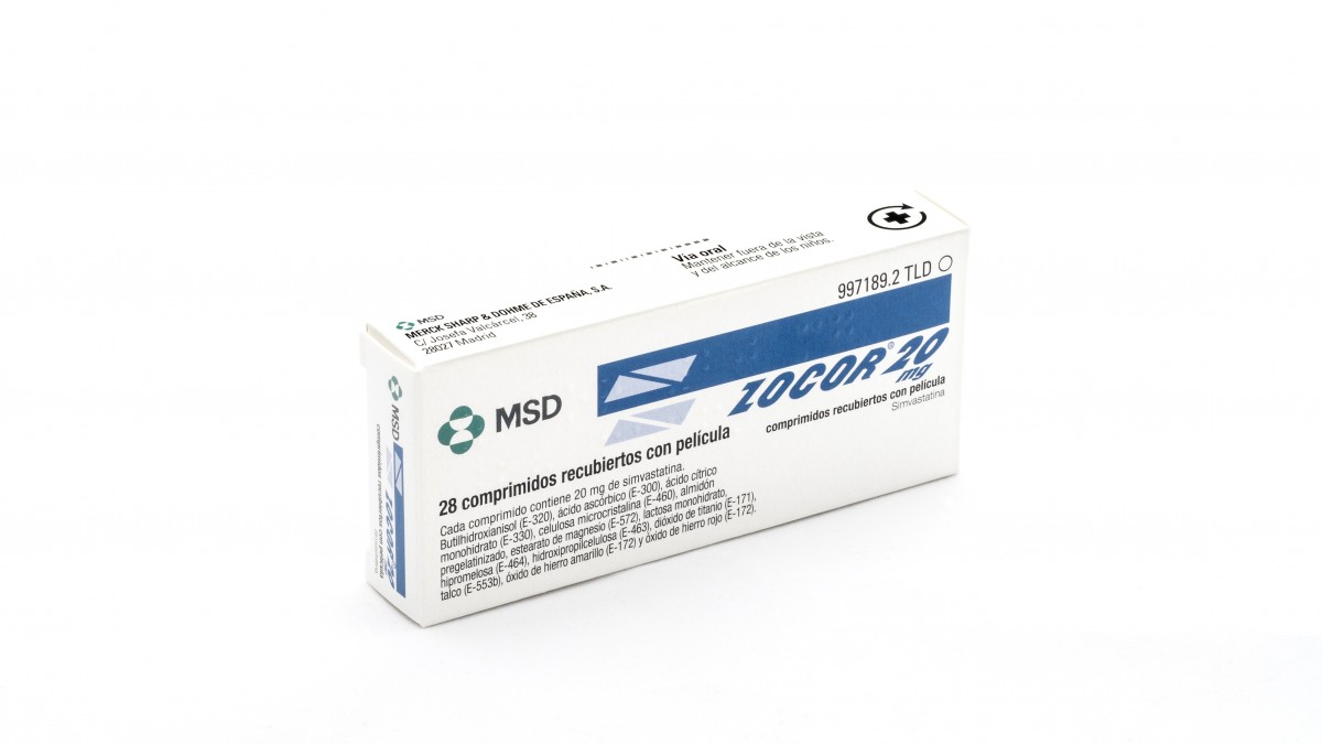 ZOCOR 20 mg COMPRIMIDOS RECUBIERTOS CON PELICULA , 28 comprimidos fotografía del envase.