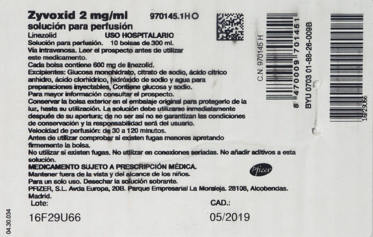 ZYVOXID 2 mg/ml SOLUCION PARA PERFUSION , 10 bolsas de 300 ml fotografía del envase.