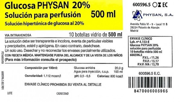 GLUCOSA PHYSAN 20% SOLUCION PARA PERFUSION,  24 frascos de 250 ml fotografía del envase.