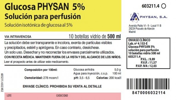 GLUCOSA PHYSAN 5% SOLUCION PARA PERFUSION , 1 frasco de 1.000 ml (VIDRIO) fotografía del envase.