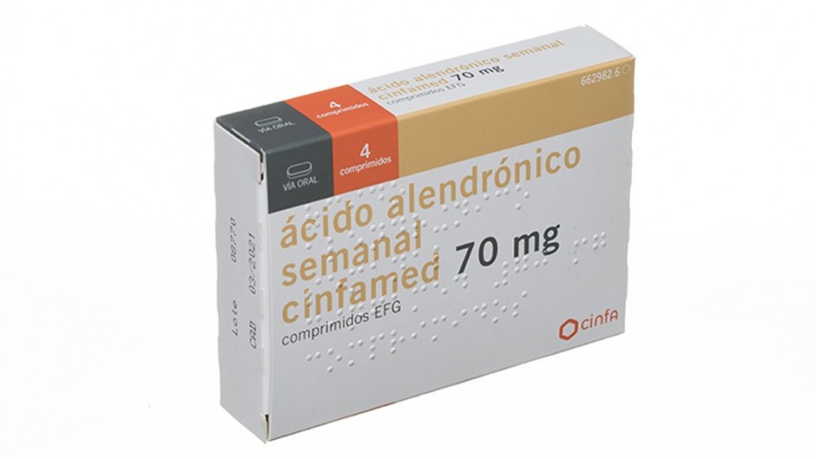 ACIDO ALENDRONICO SEMANAL CINFAMED 70 mg COMPRIMIDOS EFG, 4 comprimidos fotografía del envase.