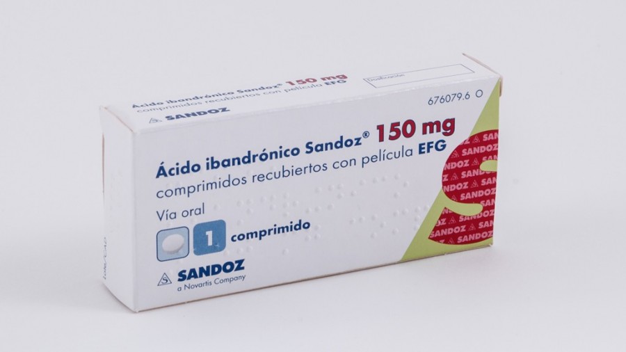 ACIDO IBANDRONICO SANDOZ 150 mg COMPRIMIDOS RECUBIERTOS CON PELICULA EFG 1 comprimido fotografía del envase.