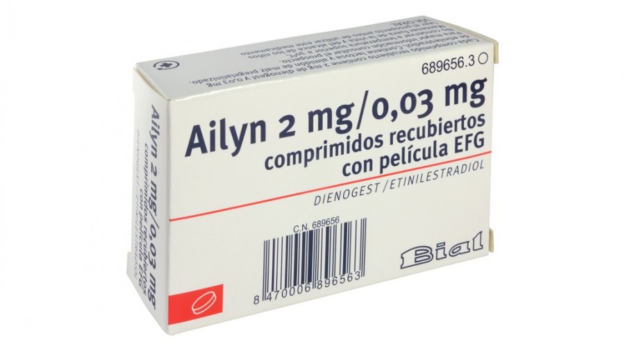 AILYN 2 mg/0,03 mg COMPRIMIDO RECUBIERTO CON PELICULA EFG , 63 (3 x 21) comprimidos fotografía del envase.