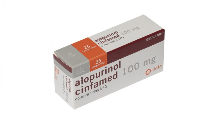 ALOPURINOL CINFAMED 100 MG COMPRIMIDOS EFG, 100 comprimidos fotografía del envase.