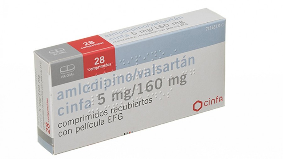 amlodipino/valsartan cinfa 5 mg/160 mg comprimidos recubiertos con pelicula EFG, 28 comprimidos fotografía del envase.