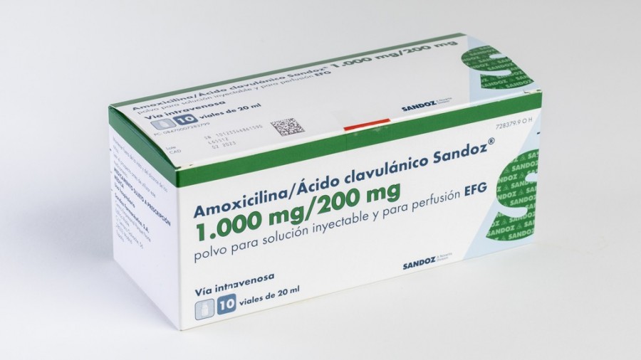 AMOXICILINA/ACIDO CLAVULANICO SANDOZ 1000  mg/200 mg POLVO PARA SOLUCION INYECTABLE Y PARA PERFUSION EFG,10 viales fotografía del envase.