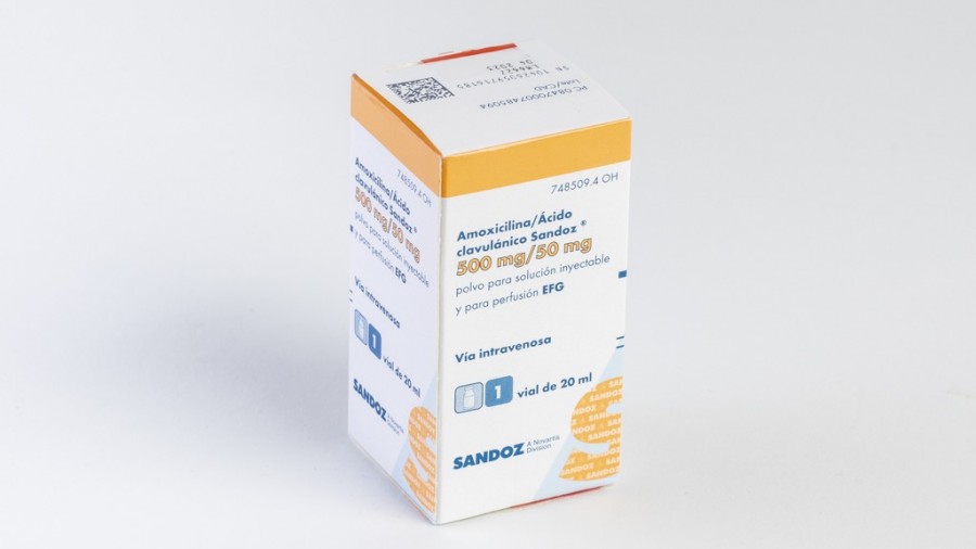 AMOXICILINA/ACIDO CLAVULANICO SANDOZ 500 mg/50 mg POLVO PARA SOLUCION INYECTABLE Y PARA PERFUSION EFG, 100 viales fotografía del envase.