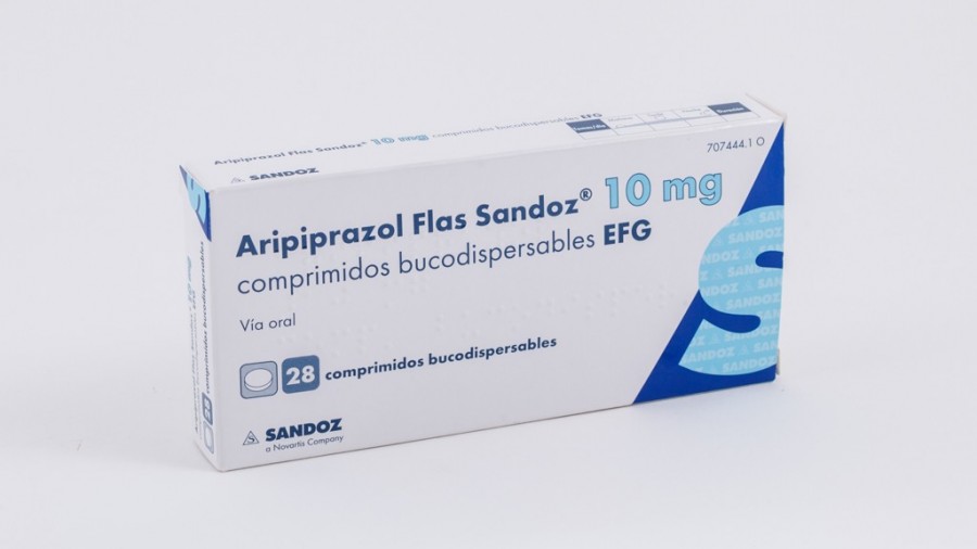 ARIPIPRAZOL FLAS SANDOZ 10 MG COMPRIMIDOS BUCODISPERSABLES EFG , 28 comprimidos fotografía del envase.