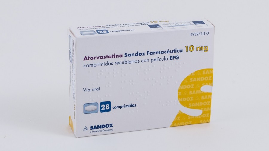 ATORVASTATINA SANDOZ FARMACEUTICA 10 mg COMPRIMIDOS RECUBIERTOS CON PELÍCULA EFG , 28 comprimidos fotografía del envase.