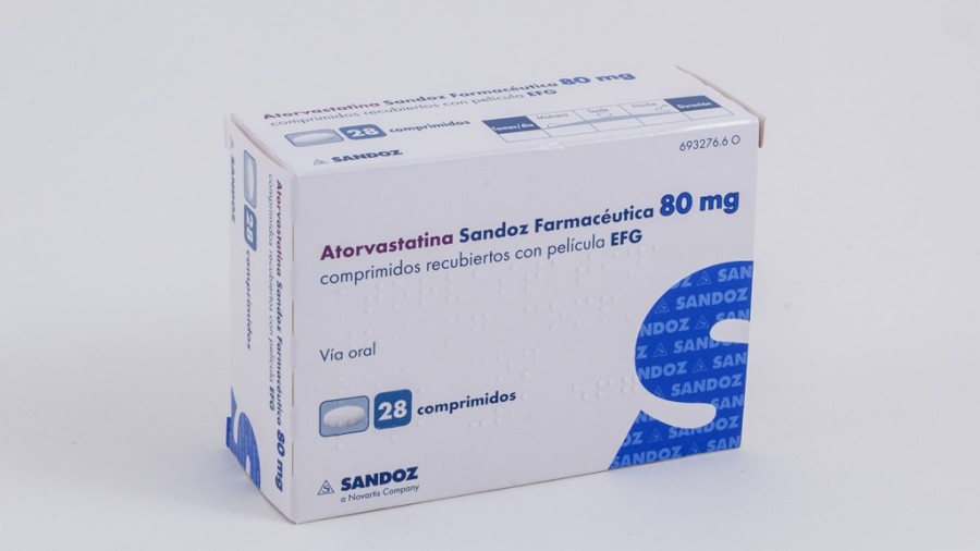 ATORVASTATINA SANDOZ FARMACEUTICA 80 mg COMPRIMIDOS RECUBIERTOS CON PELÍCULA EFG , 28 comprimidos fotografía del envase.