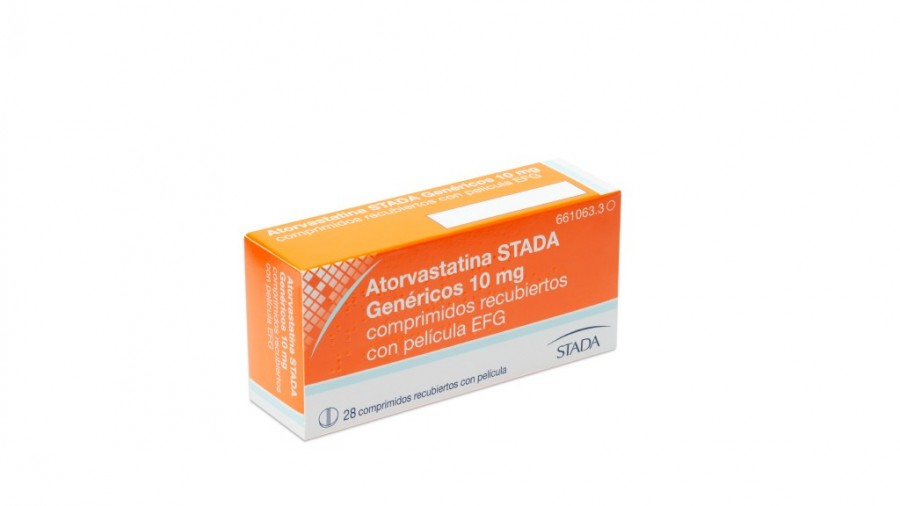 ATORVASTATINA STADA GENERICOS 10 mg COMPRIMIDOS RECUBIERTOS CON PELICULA EFG , 28 comprimidos fotografía del envase.