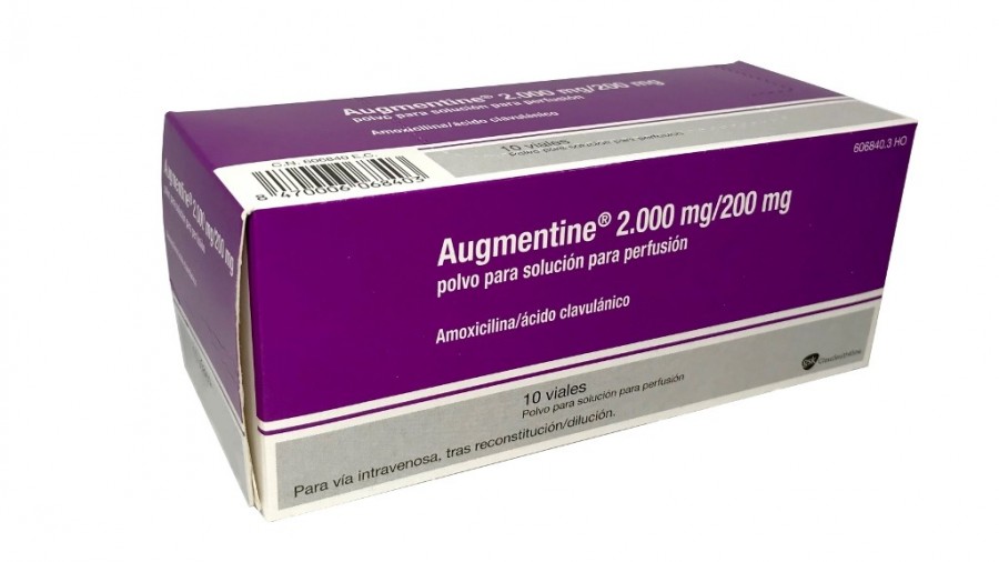 AUGMENTINE 2.000 mg/200 mg POLVO PARA SOLUCION PARA PERFUSION, 10 viales fotografía del envase.