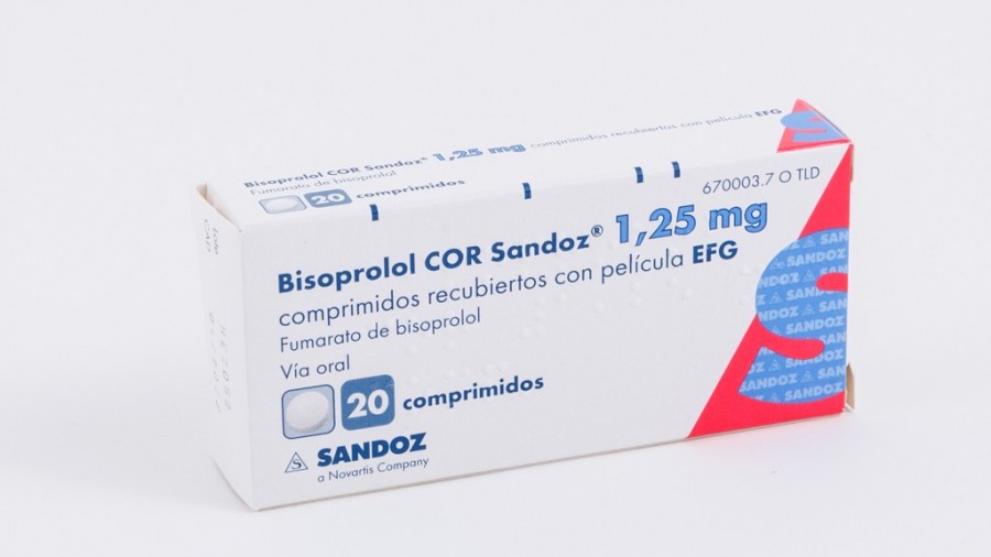BISOPROLOL COR SANDOZ 1,25 mg COMPRIMIDOS RECUBIERTOS CON PELICULA EFG, 20 comprimidos fotografía del envase.