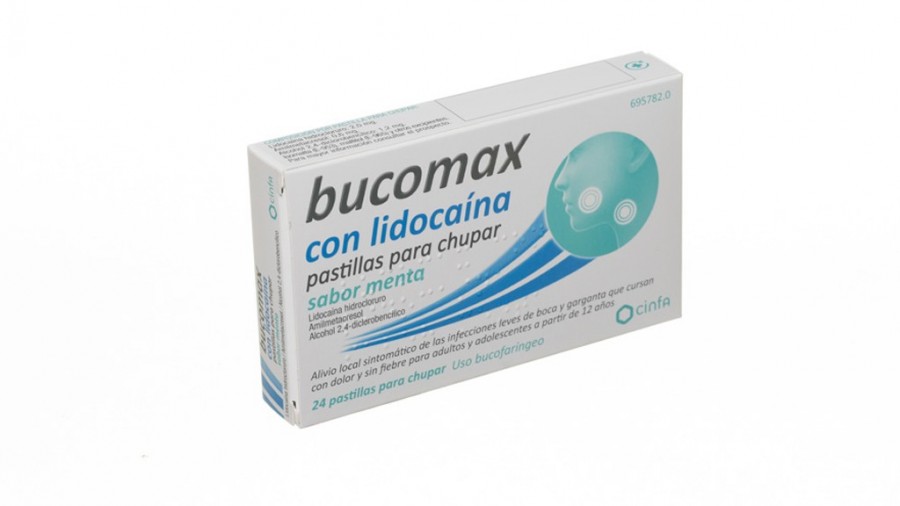 BUCOMAX CON LIDOCAINA PASTILLAS PARA CHUPAR SABOR MENTA, 24 pastillas fotografía del envase.