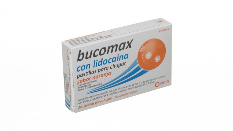 BUCOMAX CON LIDOCAINA PASTILLAS PARA CHUPAR SABOR NARANJA, 24 pastillas fotografía del envase.