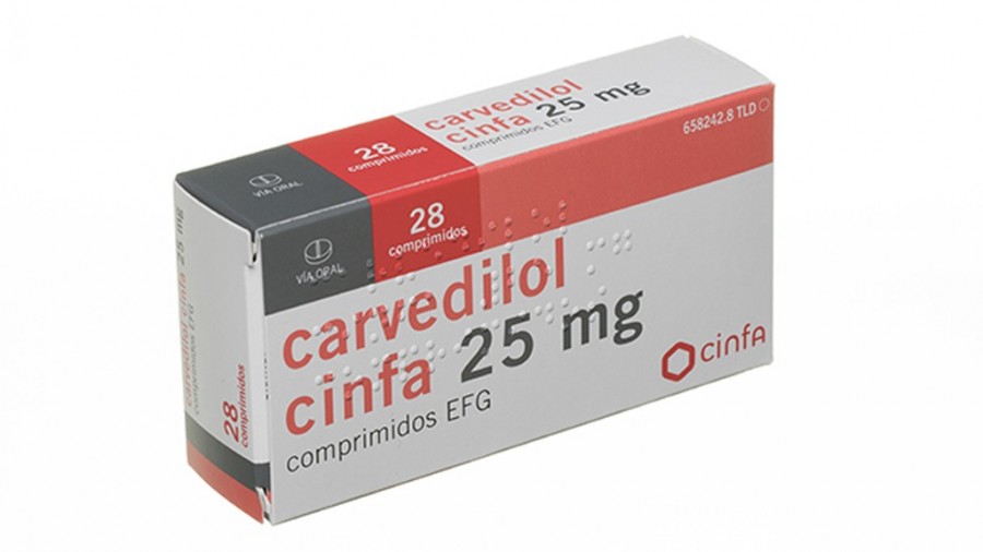 CARVEDILOL CINFA 25 mg COMPRIMIDOS EFG, 28 comprimidos fotografía del envase.
