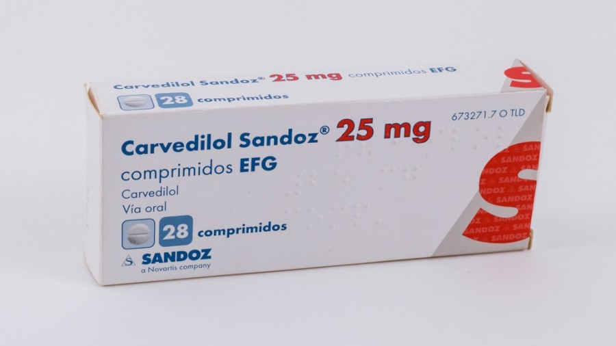 CARVEDILOL SANDOZ 25 mg COMPRIMIDOS EFG , 28 comprimidos fotografía del envase.