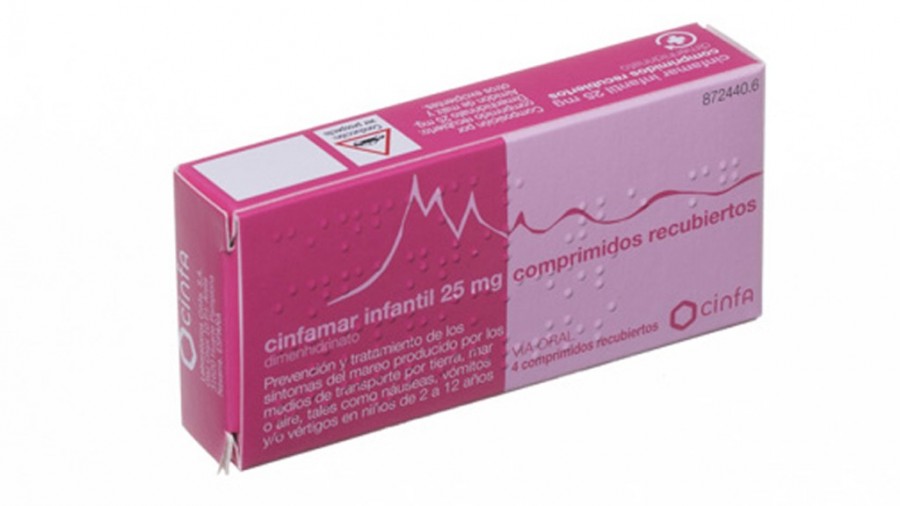 CINFAMAR INFANTIL 25 mg COMPRIMIDOS RECUBIERTOS , 4 comprimidos fotografía del envase.