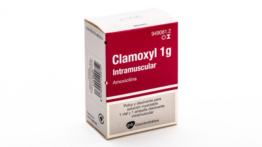 CLAMOXYL 1g INTRAMUSCULAR, 1 vial + 1 ampolla de disolvente fotografía del envase.