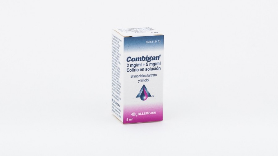 COMBIGAN 2 mg/ml + 5 mg/ml COLIRIO EN  SOLUCION , 1 frasco de 5 ml fotografía del envase.