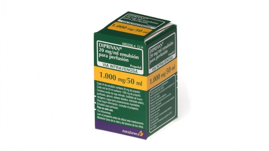 DIPRIVAN 20 mg/ml EMULSION PARA PERFUSION , 1 vial de 50 ml fotografía del envase.
