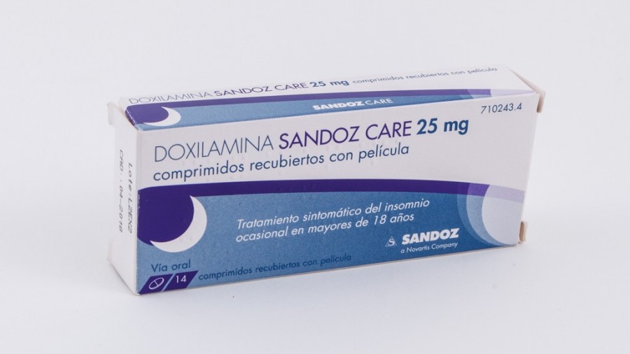 DOXILAMINA SANDOZ CARE 25 MG COMPRIMIDOS RECUBIERTOS CON PELICULA , 14 comprimidos fotografía del envase.