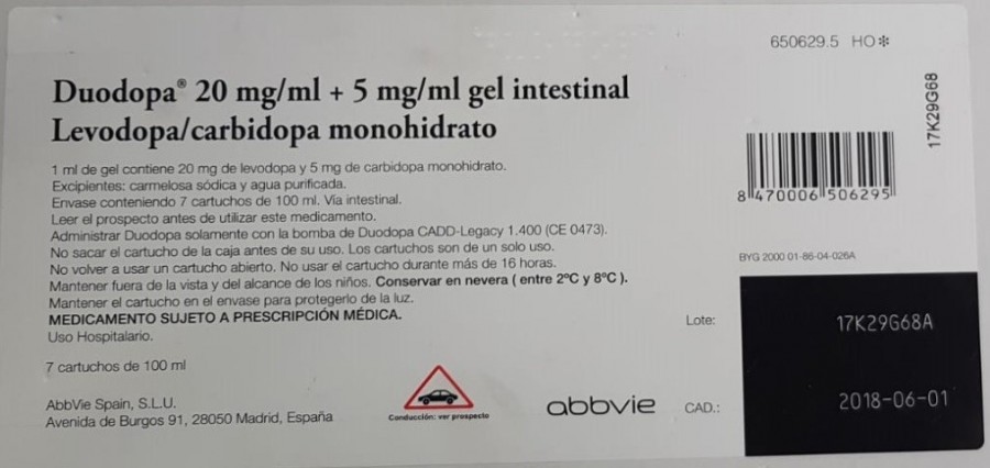 DUODOPA 20 mg/ml + 5 mg/ml GEL INTESTINAL , 7 cartuchos de 100 ml fotografía del envase.