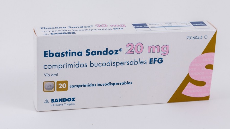 EBASTINA SANDOZ 20 MG COMPRIMIDOS BUCODISPERSABLES EFG , 20 comprimidos fotografía del envase.