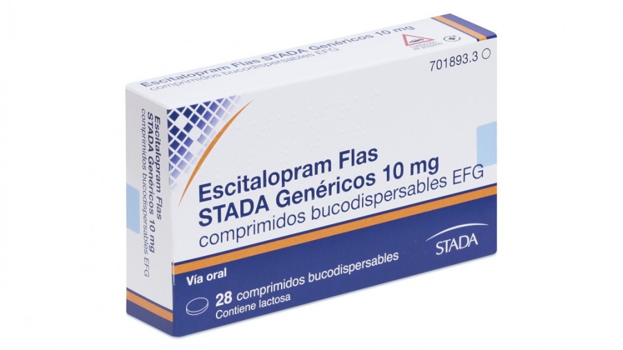 ESCITALOPRAM FLAS STADA 10 MG COMPRIMIDOS BUCODISPERSABLES EFG, 56 comprimidos fotografía del envase.