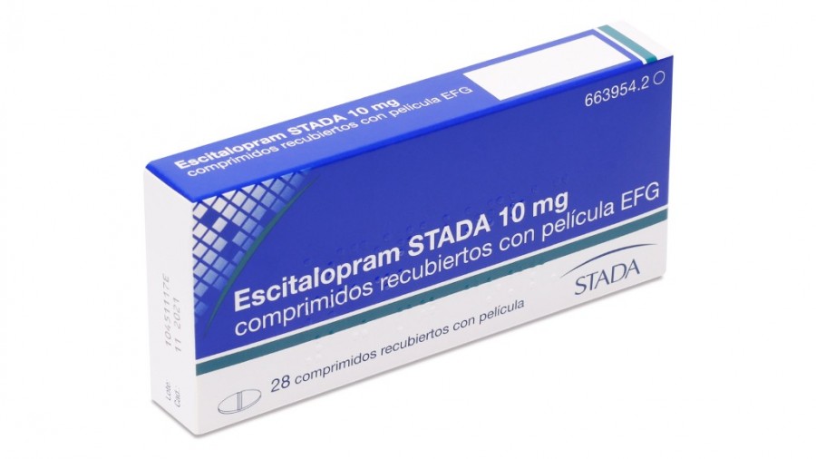 ESCITALOPRAM STADA 10 mg COMPRIMIDOS RECUBIERTOS CON PELICULA EFG, 56 comprimidos fotografía del envase.