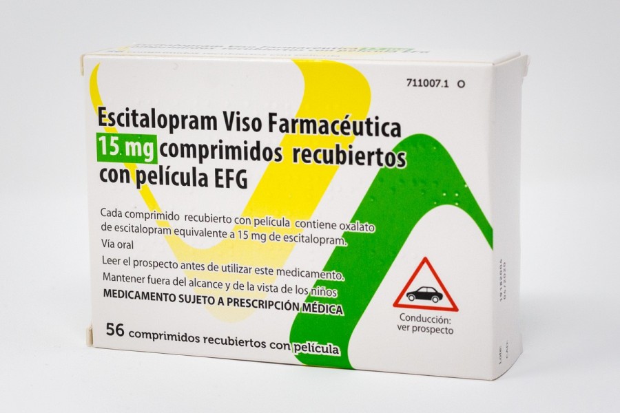 ESCITALOPRAM VISO FARMACEUTICA 15 MG COMPRIMIDOS RECUBIERTOS CON PELICULA EFG , 28 comprimidos (Al/Al) fotografía del envase.