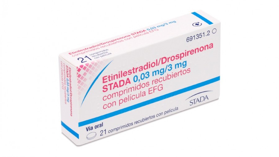 ETINILESTRADIOL/DROSPIRENONA STADA 0,03 mg/3 mg COMPRIMIDOS RECUBIERTOS CON PELICULA EFG, 63 (3 x 21) comprimidos fotografía del envase.