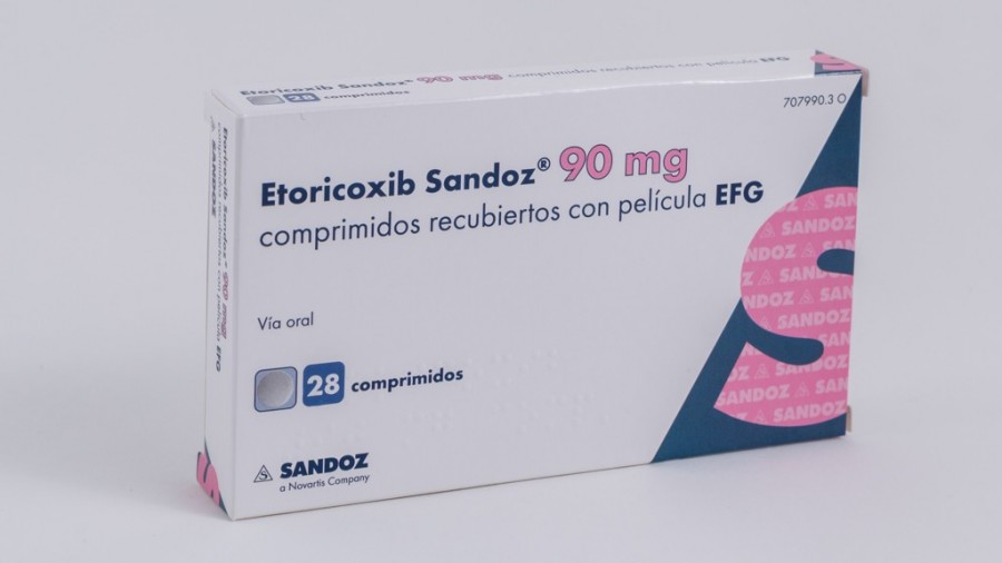 ETORICOXIB SANDOZ 90 MG COMPRIMIDOS RECUBIERTOS CON PELICULA EFG , 28 comprimidos fotografía del envase.