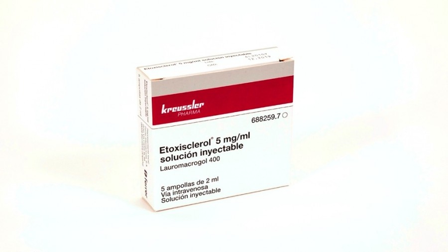 ETOXISCLEROL 5 mg/ml SOLUCIÓN INYECTABLE, 5 ampollas de 2 ml fotografía del envase.