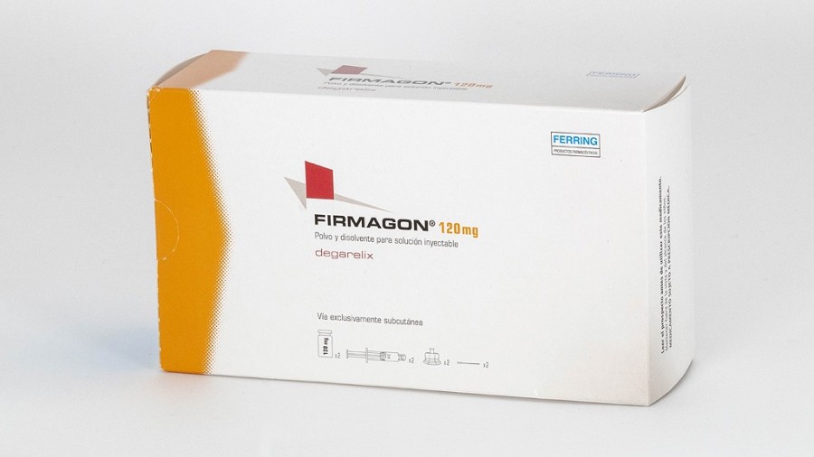 FIRMAGON 120 mg POLVO Y DISOLVENTE PARA SOLUCION INYECTABLE, 2 viales + 2 jeringas precargadas de disolvente fotografía del envase.