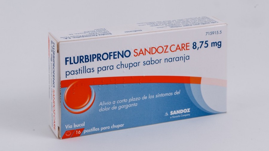 FLURBIPROFENO SANDOZ CARE 8,75 MG PASTILLAS PARA CHUPAR SABOR NARANJA, 16 pastillas (Blister PVC/PVDC/Al 250/120/20 o 30 micrómetros) fotografía del envase.