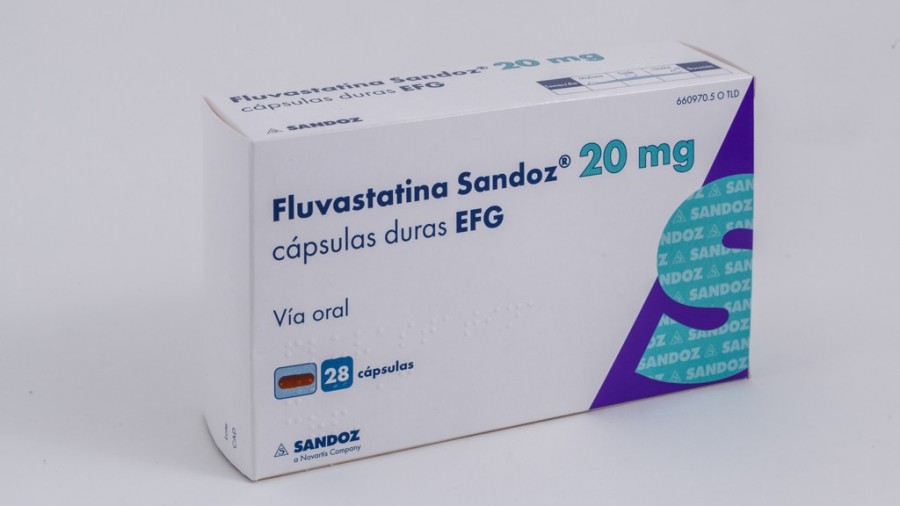 FLUVASTATINA SANDOZ 20 mg CAPSULAS DURAS EFG , 28 cápsulas fotografía del envase.